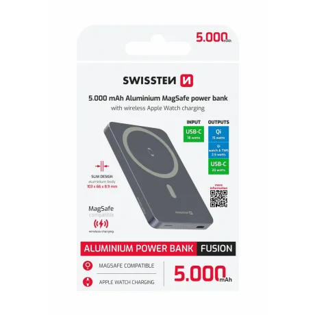 Baterie externă SWISSTEN FUSION 5000 mAh cu încărcător Apple Watch (compatibil cu MagSafe) argintiu
