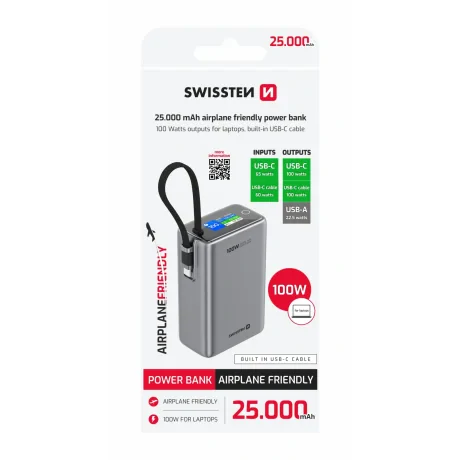 Baterie externă SWISSTEN pentru călătorii 25000 mAh (96.25Wh) 100W cu cablu USB-C încorporat, gri