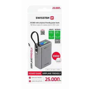 Baterie externă SWISSTEN pentru călătorii 25000 mAh (96.25Wh) 100W cu cablu USB-C încorporat, gri