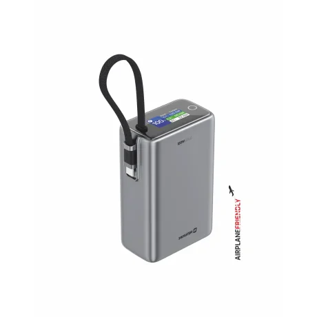 Baterie externă SWISSTEN pentru călătorii 25000 mAh (96.25Wh) 100W cu cablu USB-C încorporat, gri