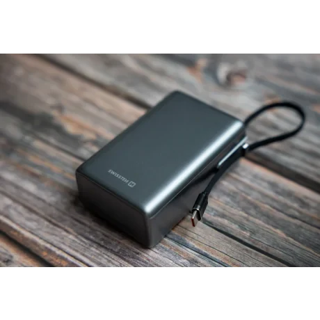 Baterie externă SWISSTEN pentru călătorii 25000 mAh (96.25Wh) 100W cu cablu USB-C încorporat, gri