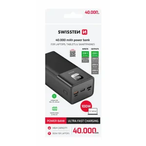 Baterie externă SWISSTEN POWER LINE 40000 mAh pentru laptopuri, 100W, culoare neagră