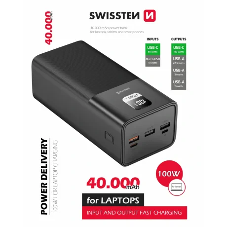 Baterie externă SWISSTEN POWER LINE 40000 mAh pentru laptopuri, 100W, culoare neagră