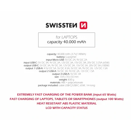 Baterie externă SWISSTEN POWER LINE 40000 mAh pentru laptopuri, 100W, culoare neagră