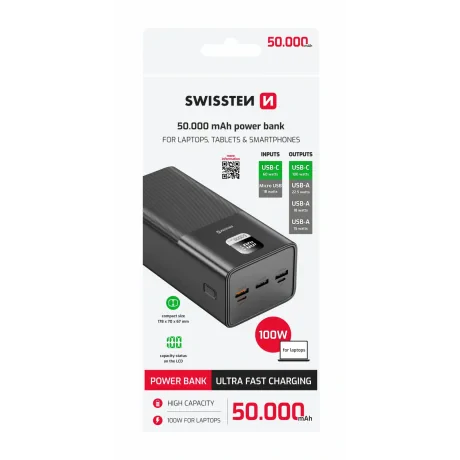 Baterie externă SWISSTEN POWER LINE 50000 mAh pentru laptopuri, 100W, culoare neagră