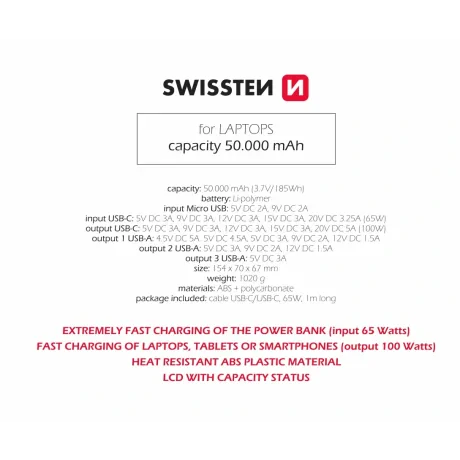 Baterie externă SWISSTEN POWER LINE 50000 mAh pentru laptopuri, 100W, culoare neagră