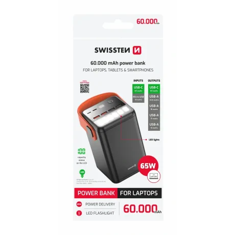 Baterie externă SWISSTEN POWER LINE 60000 mAh pentru laptopuri, 65W, culoare neagră
