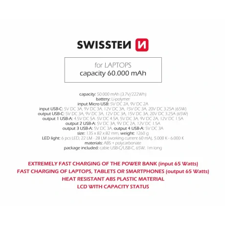 Baterie externă SWISSTEN POWER LINE 60000 mAh pentru laptopuri, 65W, culoare neagră