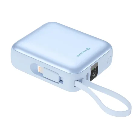 Baterie externă SWISSTEN SPACE 10000 mAh cu cabluri încorporate USB-C și LIGHTNING BLUE