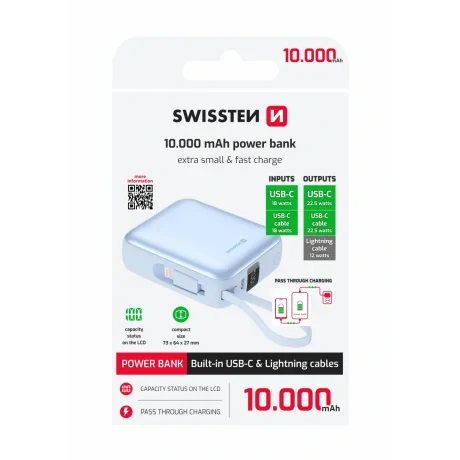Baterie externă SWISSTEN SPACE 10000 mAh cu cabluri încorporate USB-C și LIGHTNING BLUE