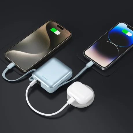 Baterie externă SWISSTEN SPACE 10000 mAh cu cabluri încorporate USB-C și LIGHTNING BLUE