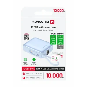 Baterie externă SWISSTEN SPACE 10000 mAh cu cabluri încorporate USB-C și LIGHTNING BLUE