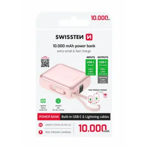 Baterie externă SWISSTEN SPACE 10000 mAh cu cabluri USB-C încorporate și roz fulger