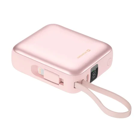 Baterie externă SWISSTEN SPACE 10000 mAh cu cabluri USB-C încorporate și roz fulger