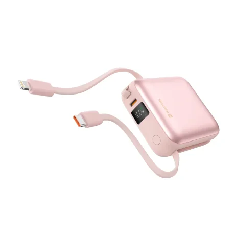 Baterie externă SWISSTEN SPACE 10000 mAh cu cabluri USB-C încorporate și roz fulger