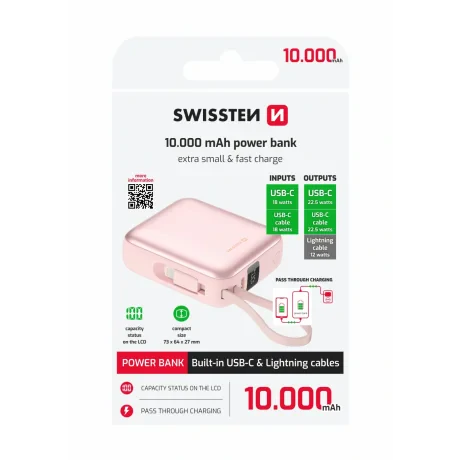 Baterie externă SWISSTEN SPACE 10000 mAh cu cabluri USB-C încorporate și roz fulger