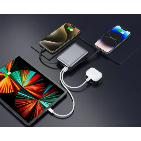 Baterie externă SWISSTEN SPACE 20000 mAh cu cabluri USB-C și Lightning Silver încorporate