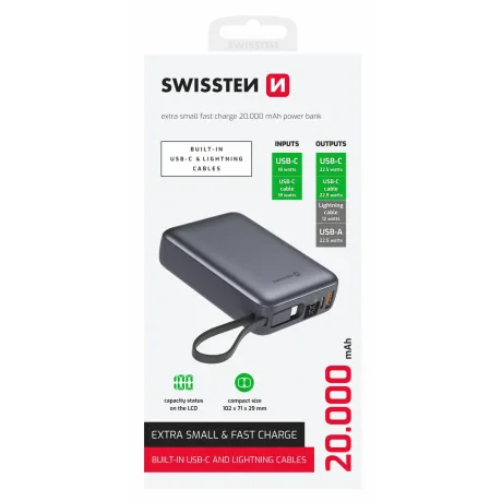 Baterie externă SWISSTEN SPACE 20000 mAh cu cabluri USB-C și Lightning Silver încorporate