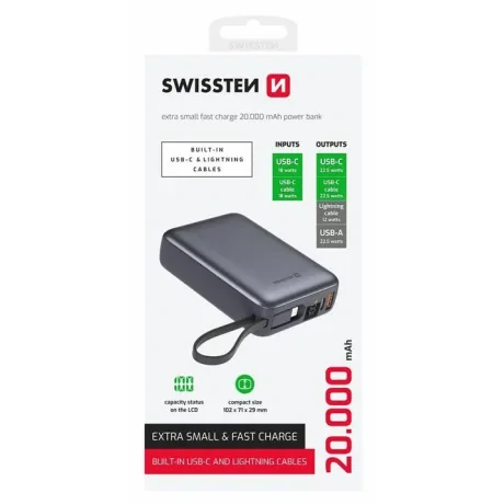 Baterie externă SWISSTEN SPACE 20000 mAh cu cabluri USB-C și Lightning Silver încorporate