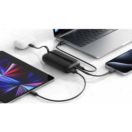 Baterie externă SWISSTEN VOLTBOX 35W 10000 mAh cu cabluri încorporate USB-C și Lightning, neagră