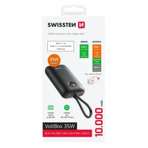 Baterie externă SWISSTEN VOLTBOX 35W 10000 mAh cu cabluri încorporate USB-C și Lightning, neagră