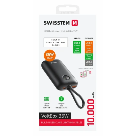 Baterie externă SWISSTEN VOLTBOX 35W 10000 mAh cu cabluri încorporate USB-C și Lightning, neagră
