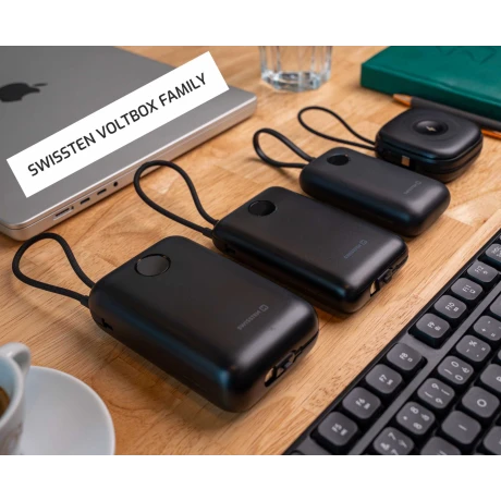 Baterie externă SWISSTEN VOLTBOX 35W 10000 mAh cu cabluri încorporate USB-C și Lightning, neagră