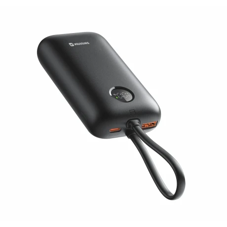 Baterie externă SWISSTEN VOLTBOX 35W 10000 mAh cu cabluri încorporate USB-C și Lightning, neagră