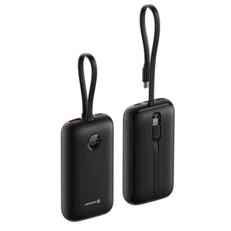 Baterie externă SWISSTEN VOLTBOX 35W 10000 mAh cu cabluri încorporate USB-C și Lightning, neagră
