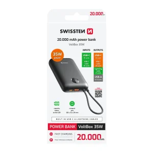 Baterie externă SWISSTEN VOLTBOX 35W 20000 mAh cu cabluri încorporate USB-C și Lightning, neagră