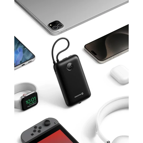 Baterie externă SWISSTEN VOLTBOX 35W 20000 mAh cu cabluri încorporate USB-C și Lightning, neagră