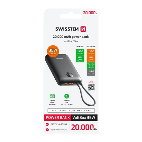 Baterie externă SWISSTEN VOLTBOX 35W 20000 mAh cu cabluri încorporate USB-C și Lightning, neagră