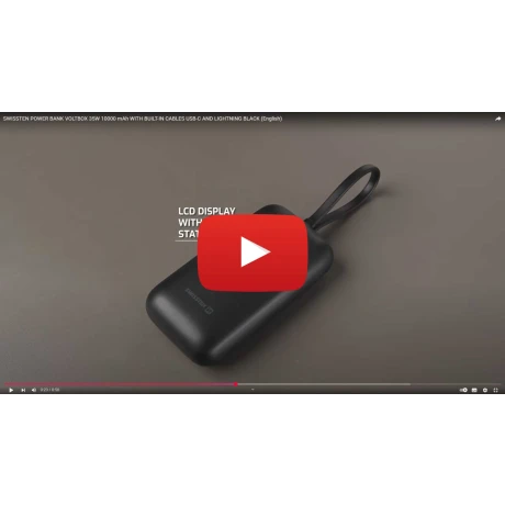 Baterie externă SWISSTEN VOLTBOX 35W 20000 mAh cu cabluri încorporate USB-C și Lightning, neagră