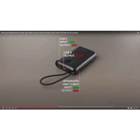 Baterie externă SWISSTEN VOLTBOX 35W 20000 mAh cu cabluri încorporate USB-C și Lightning, neagră