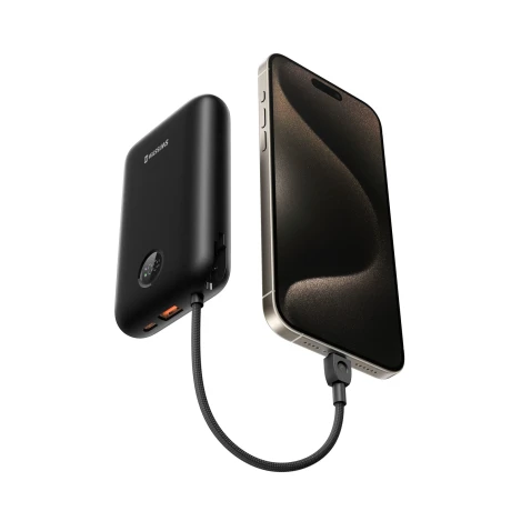 Baterie externă SWISSTEN VOLTBOX 35W 20000 mAh cu cabluri încorporate USB-C și Lightning, neagră