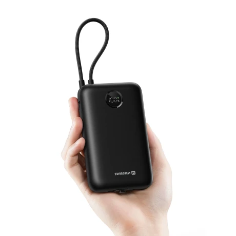 Baterie externă SWISSTEN VOLTBOX 35W 20000 mAh cu cabluri încorporate USB-C și Lightning, neagră