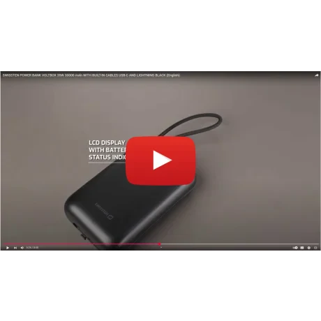Baterie externă SWISSTEN VOLTBOX 35W 30000 mAh cu cabluri încorporate USB-C și Lightning, neagră