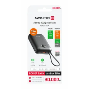 Baterie externă SWISSTEN VOLTBOX 35W 30000 mAh cu cabluri încorporate USB-C și Lightning, neagră