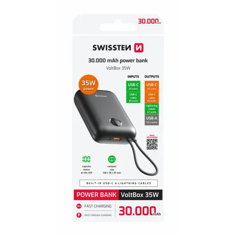 Baterie externă SWISSTEN VOLTBOX 35W 30000 mAh cu cabluri încorporate USB-C și Lightning, neagră