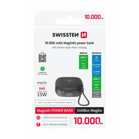 Baterie externă SWISSTEN VOLTBOX MagGO 10000 mAh cu cabluri încorporate + MAGSAFE + APPLE WATCH 