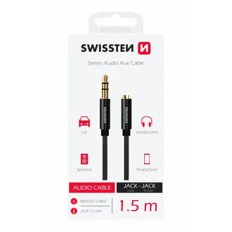 CABLU AUDIO SWISSTEN TEXTILE MUFĂ 3.5 mm (mascul) - MUFĂ 3.5 mm (femelă) 1.5 M NEGRU