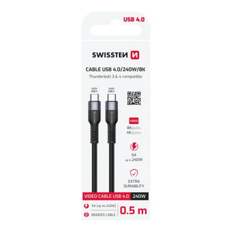 CABLU DATE VIDEO SWISSTEN USB 4.0, USB-C 240W, 8K60Hz, 40 Gb/s, TB3 și TB4, 0.5 M NEGRU
