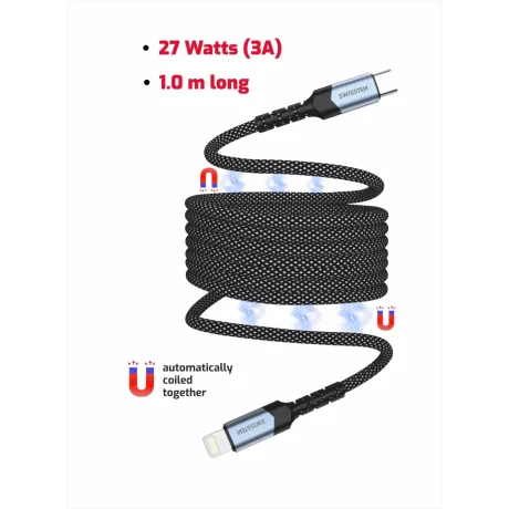 Cablu de date magnetic Swissten cu auto-înfășurare USB-C / Lightning 1 m