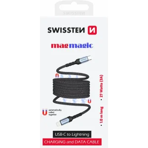 Cablu de date magnetic Swissten cu auto-înfășurare USB-C / Lightning 1 m