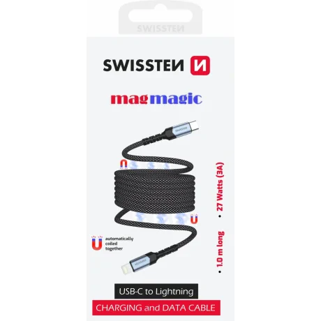 Cablu de date magnetic Swissten cu auto-înfășurare USB-C / Lightning 1 m