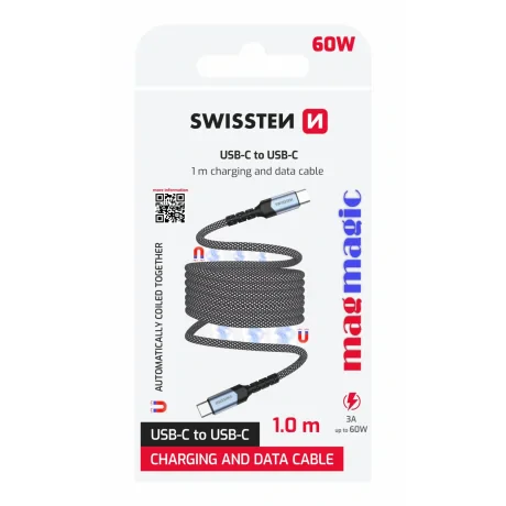 Cablu de date magnetic Swissten cu auto-înfășurare USB-C / USB-C 1 m
