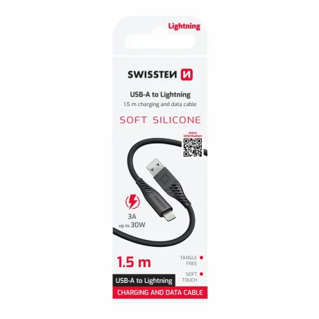 CABLU DE DATE SWISSTEN SILICON MOALE USB / LIGHTNING 1.5 M 30W NEGRU