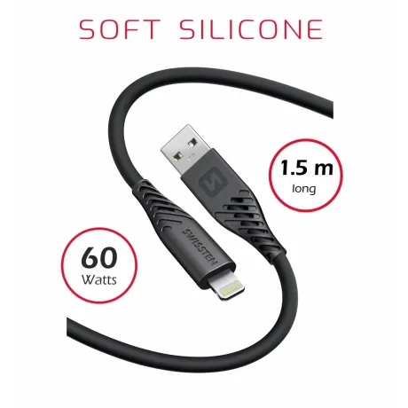 CABLU DE DATE SWISSTEN SILICON MOALE USB / LIGHTNING 1.5 M 30W NEGRU