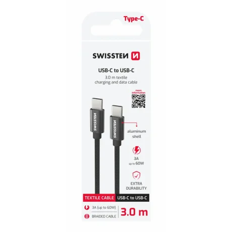 CABLU DE DATE SWISSTEN TEXTIL USB-C / USB-C 3.0 M NEGRU