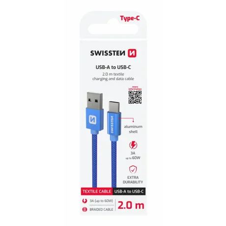 CABLU DE DATE SWISSTEN TEXTIL USB / USB-C 2.0 M ALBASTRU